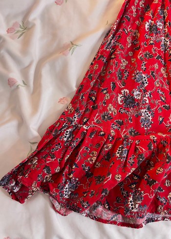 Kırmızı Renkli Cottagecore Bohem Elbise Volanlı - Görsel 2