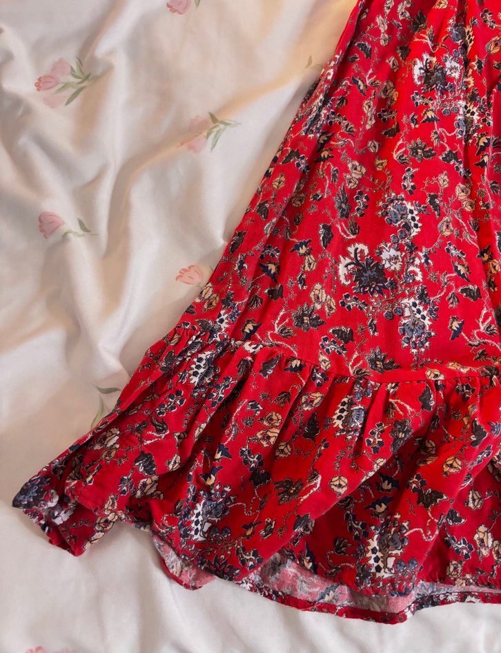 Kırmızı Renkli Cottagecore Bohem Elbise Volanlı - Görsel 2