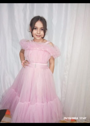 Pembe Straplez Fırfırlı Kız Çocuk Abiye Elbise - Görsel 2