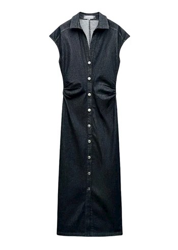 Zara Zara Düğmeli V Yaka Denim Midi Elbise