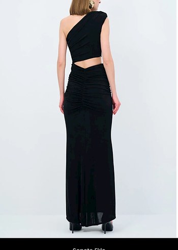 ADL Siyah Drapeli Uzun tek kol Kadın Elbise - Görsel 6