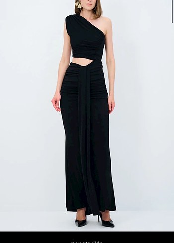 ADL Siyah Drapeli Uzun tek kol Kadın Elbise - Görsel 3