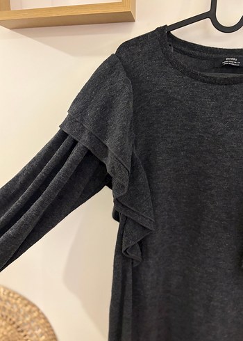 Gri Kadın Triko Elbise, Fırfırlı, Uzun Kollu - Görsel 2