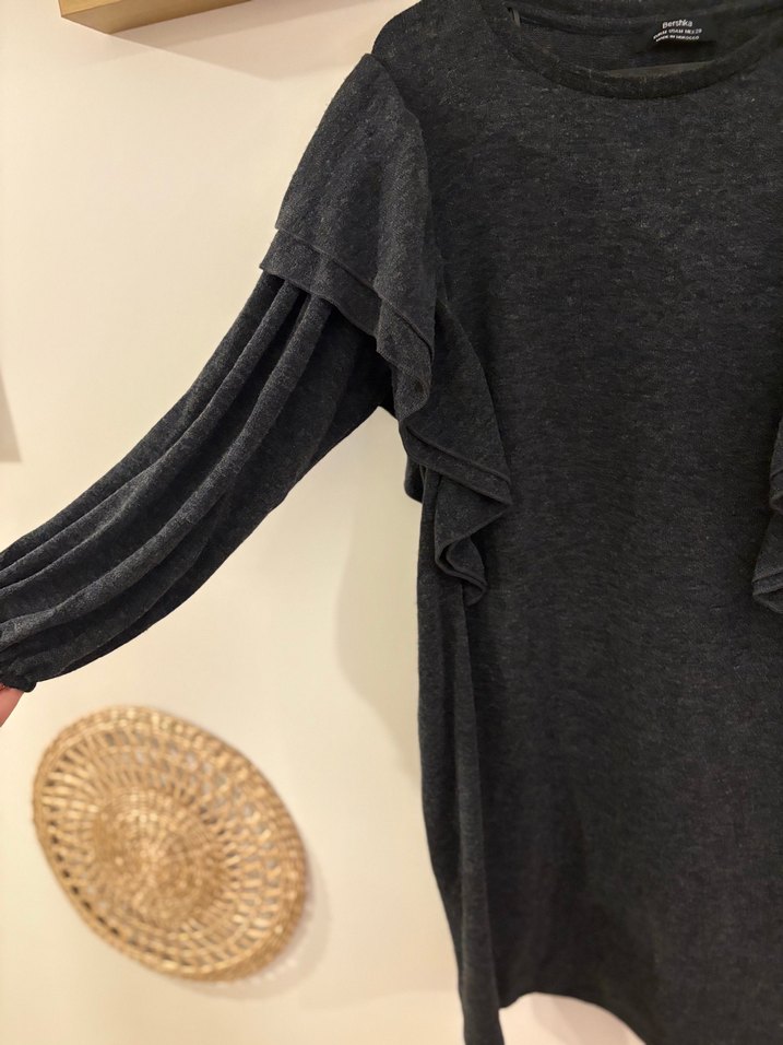 Gri Kadın Triko Elbise, Fırfırlı, Uzun Kollu - Görsel 5