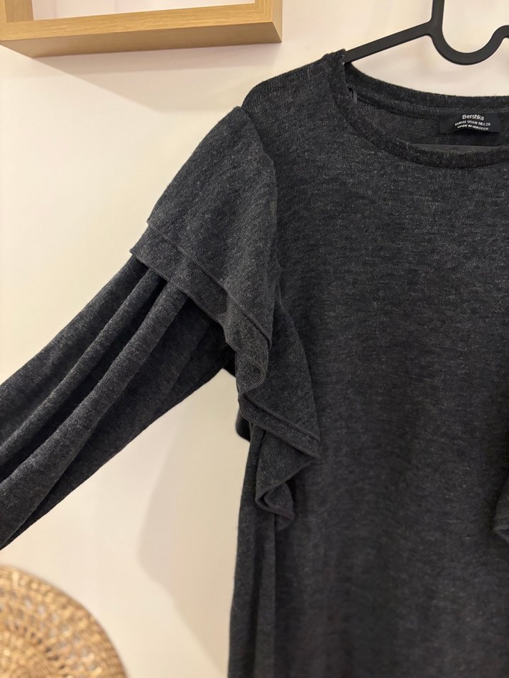 Gri Kadın Triko Elbise, Fırfırlı, Uzun Kollu - Görsel 2