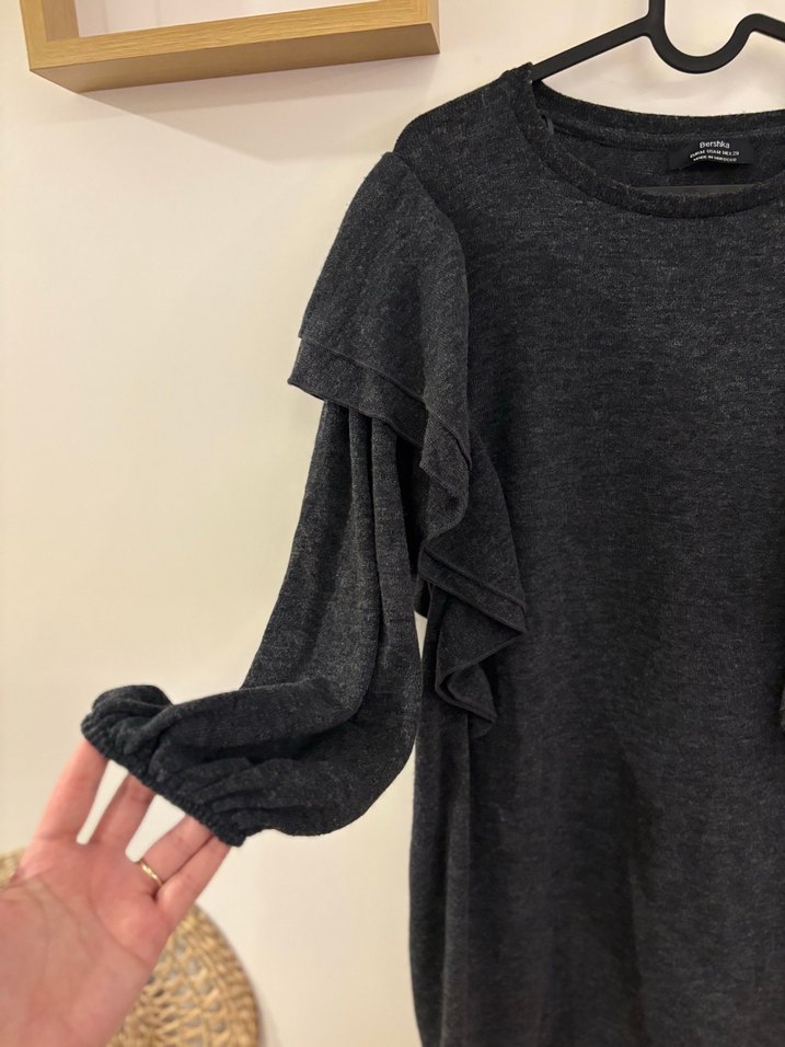 Gri Kadın Triko Elbise, Fırfırlı, Uzun Kollu - Görsel 3