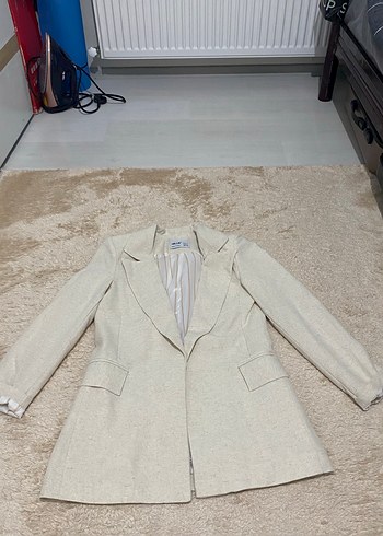 Bej Uzun Kesim Kadın Keten Blazer Ceket - Görsel 2