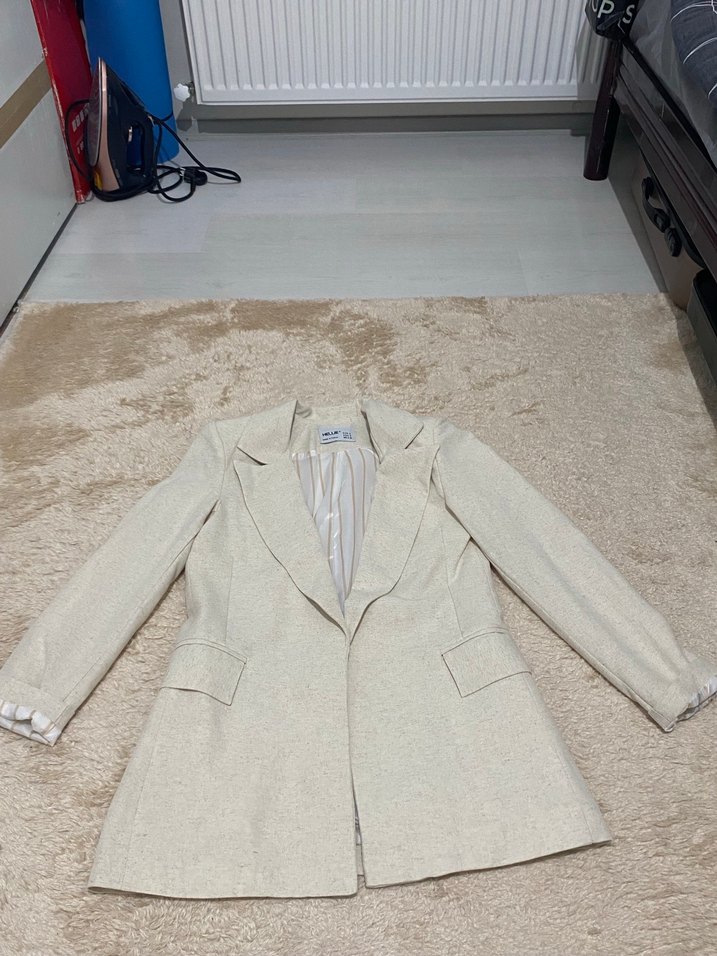 Bej Uzun Kesim Kadın Keten Blazer Ceket - Görsel 2