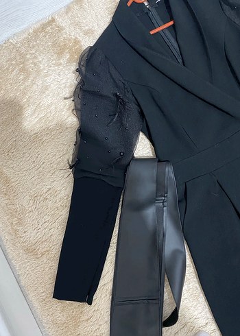 Kadın Siyah Uzun Deri Kemerli Tulum - Görsel 2