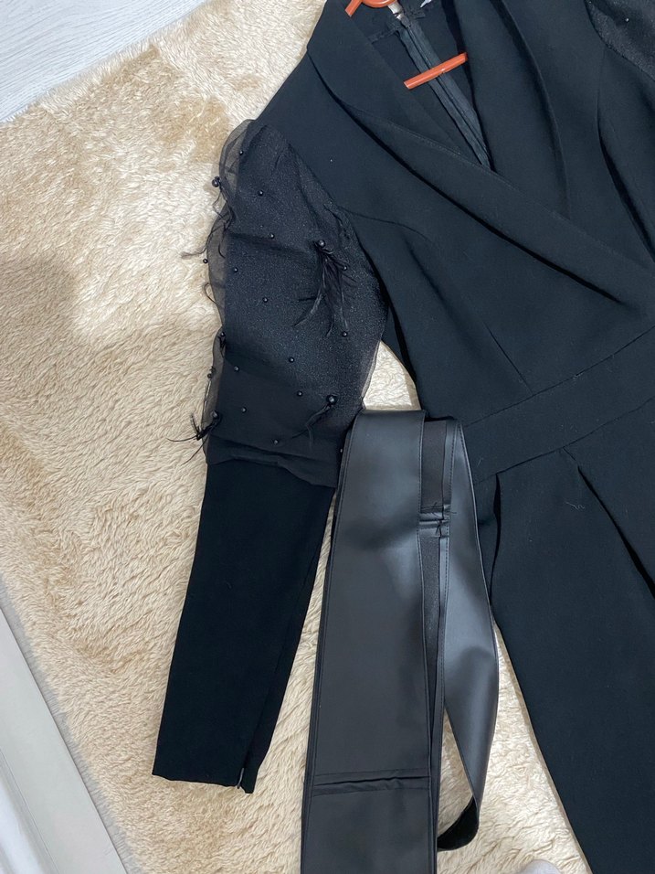 Kadın Siyah Uzun Deri Kemerli Tulum - Görsel 2