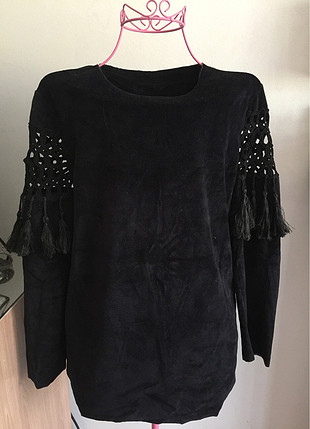Siyah kol detaylı kadife sweatshirt
