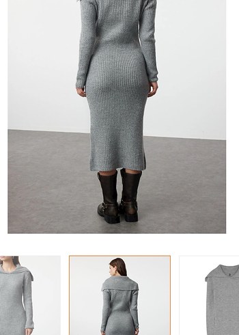 Gri Yüksek Yakalı Kadın Triko Elbise - Görsel 2