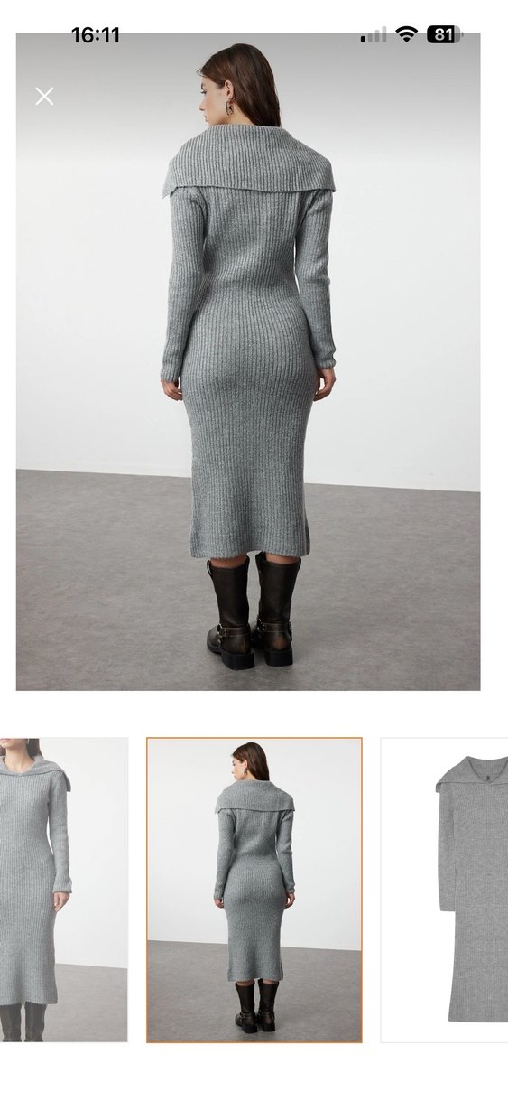 Gri Yüksek Yakalı Kadın Triko Elbise - Görsel 2