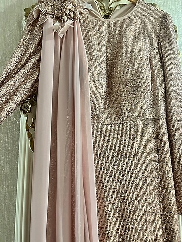 PUDRA PELERİNLİ OMUZ DETAYLI ABİYE - Görsel 4