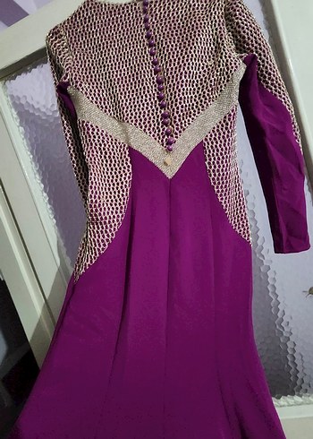 Uzun Mor Krep Drapeli Kadın Elbise - Görsel 3