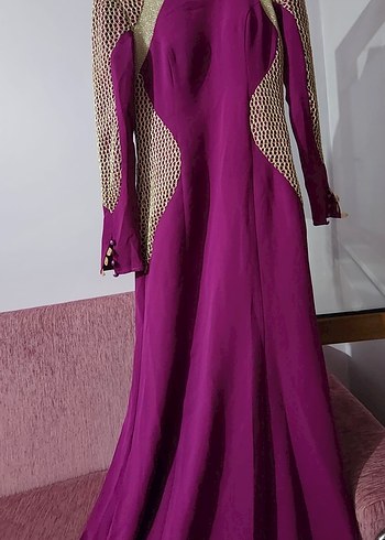 Uzun Mor Krep Drapeli Kadın Elbise - Görsel 6
