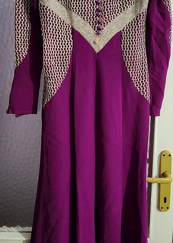 Uzun Mor Krep Drapeli Kadın Elbise - Görsel 5