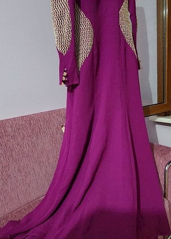 Uzun Mor Krep Drapeli Kadın Elbise - Görsel 2