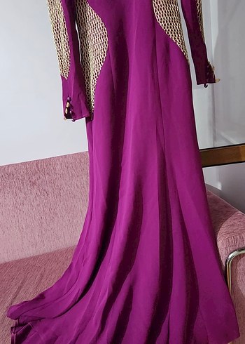 Uzun Mor Krep Drapeli Kadın Elbise - Görsel 7