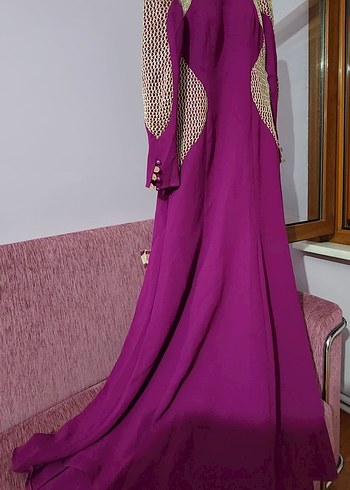 Uzun Mor Krep Drapeli Kadın Elbise - Görsel 4