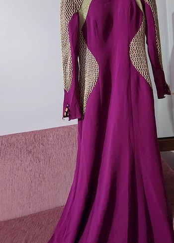 Uzun Mor Krep Drapeli Kadın Elbise - Görsel 8