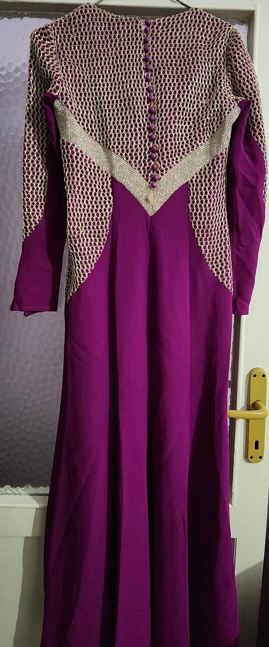 Uzun Mor Krep Drapeli Kadın Elbise - Görsel 5