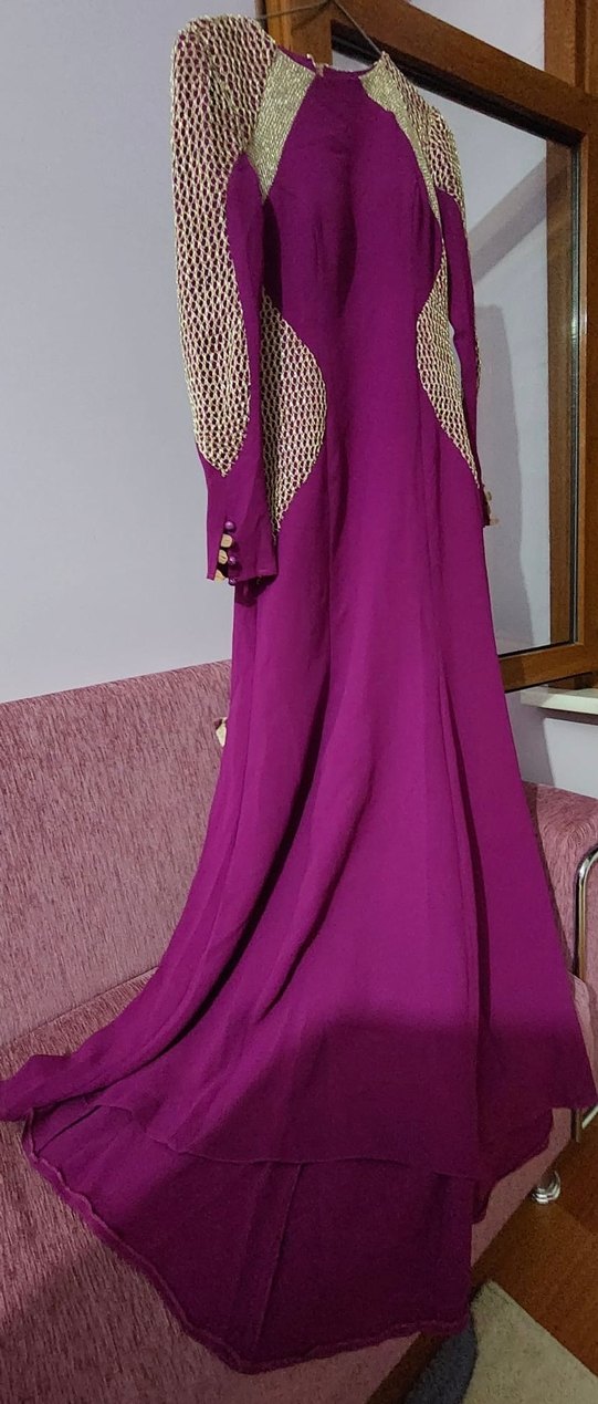 Uzun Mor Krep Drapeli Kadın Elbise - Görsel 2