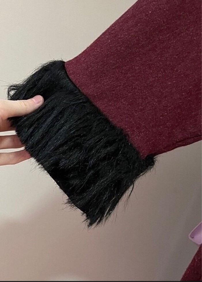 Sefamerve Bordo Uzun Kollu Kürklü Kadın Panço - Görsel 5