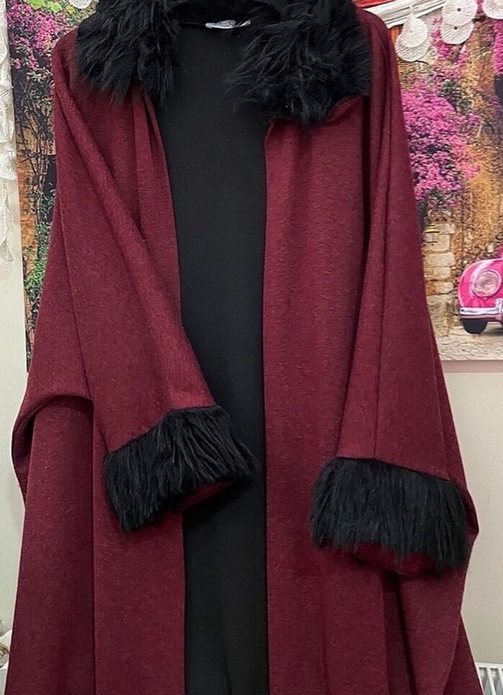 Sefamerve Bordo Uzun Kollu Kürklü Kadın Panço - Görsel 2
