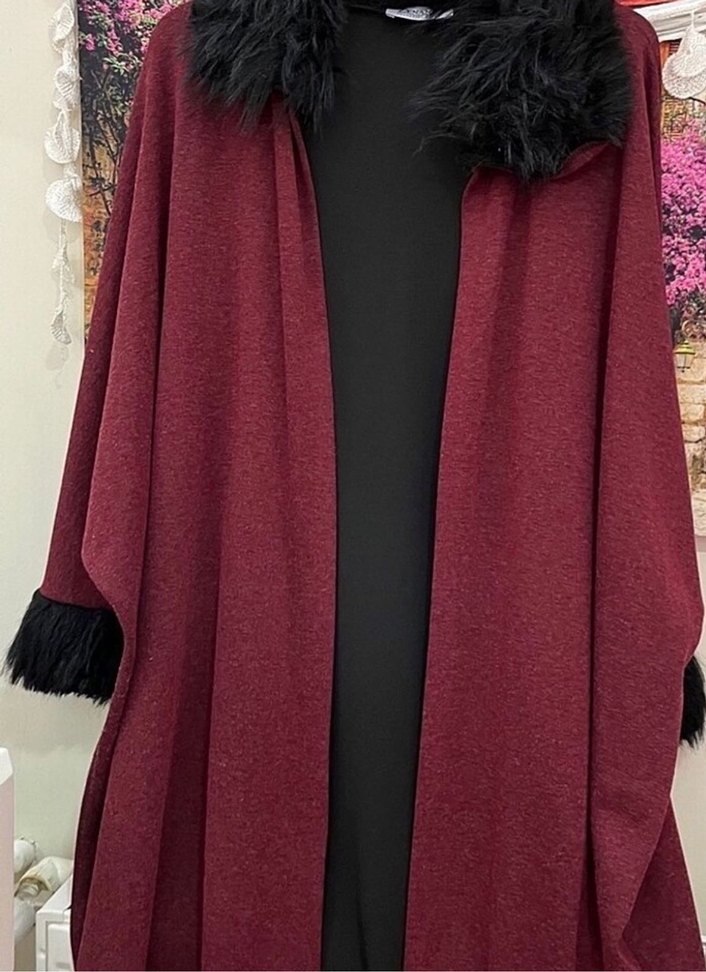 Sefamerve Bordo Uzun Kollu Kürklü Kadın Panço - Görsel 4