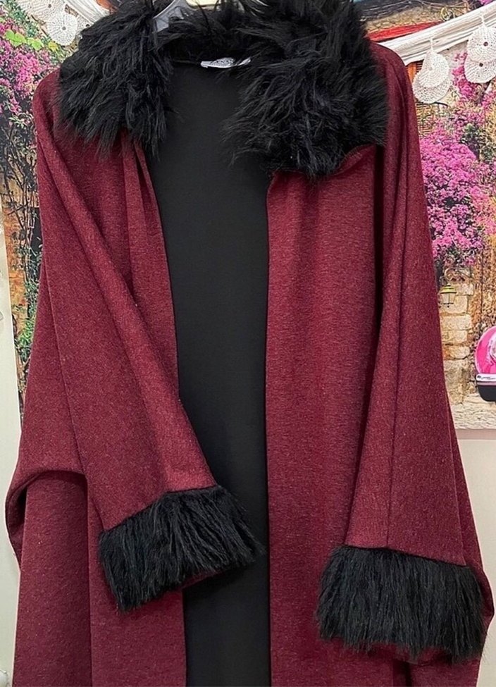 Sefamerve Bordo Uzun Kollu Kürklü Kadın Panço - Görsel 3