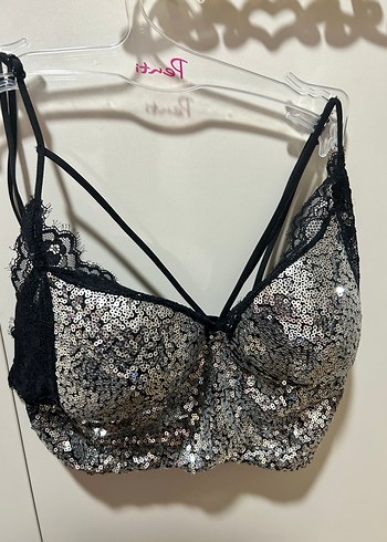 Gri Mini İşlemeli Dantel Askılı Büstiyer - Görsel 3