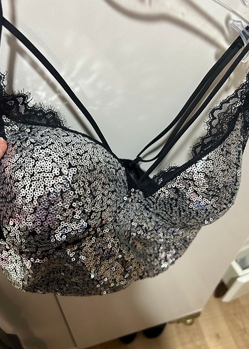 Gri Mini İşlemeli Dantel Askılı Büstiyer - Görsel 4