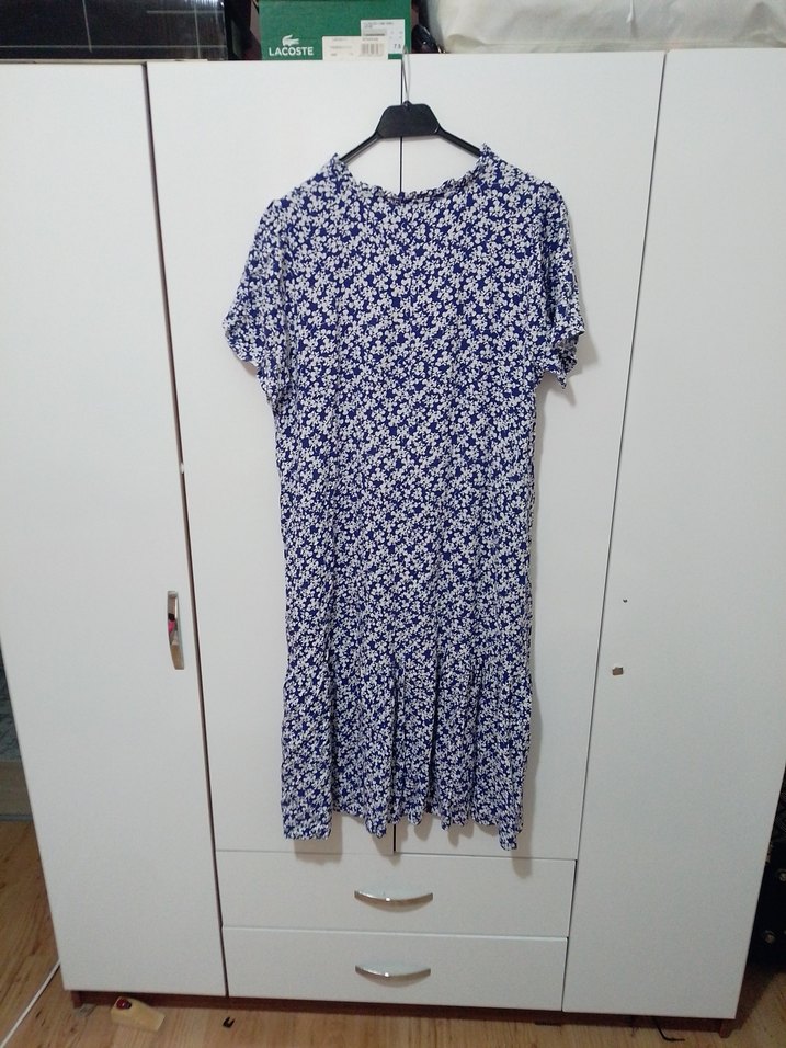 Mavi V Yaka Kısa Kollu Mini Elbise - Görsel 3