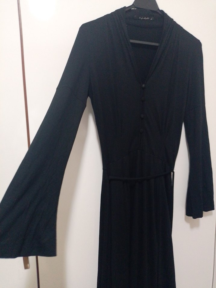 Siyah Uzun Kollu Pileli Kadın Elbise - Görsel 2