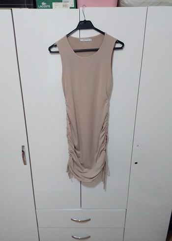 Bej Büzgülü Midi Elbise - Görsel 2