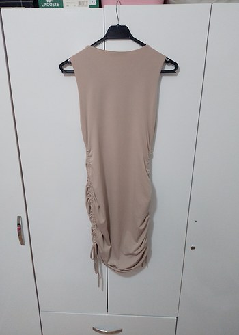 Bej Büzgülü Midi Elbise - Görsel 3