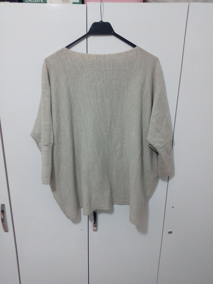 Bej Kısa Kollu Kadın Keten Kazak - Görsel 2