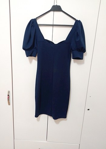 V Yaka Kısa Lacivert Kalem Elbise - Görsel 3