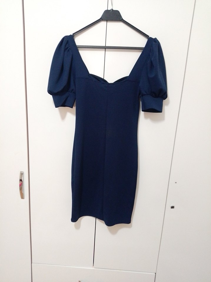 V Yaka Kısa Lacivert Kalem Elbise - Görsel 3