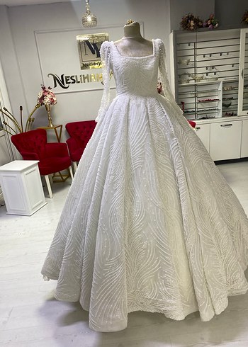 Komple dantel kare yaka gelinlik - Görsel 3