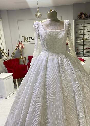 Komple dantel kare yaka gelinlik - Görsel 2