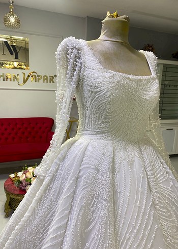 Komple dantel kare yaka gelinlik - Görsel 4