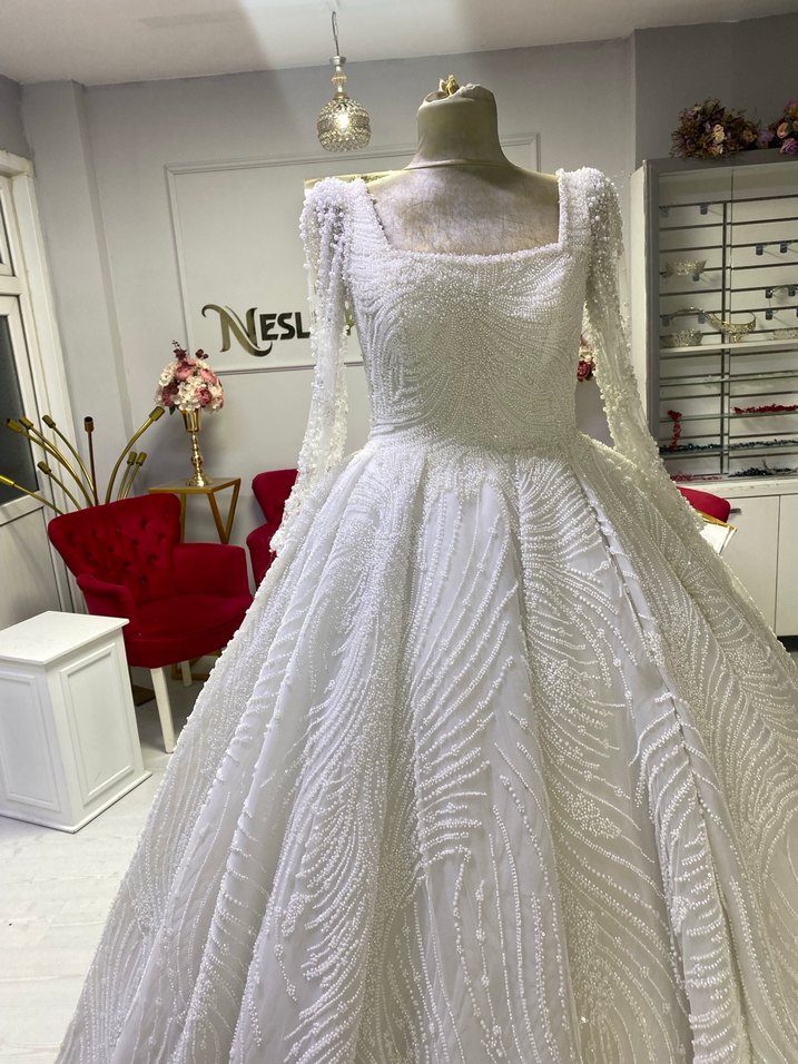 Komple dantel kare yaka gelinlik - Görsel 2