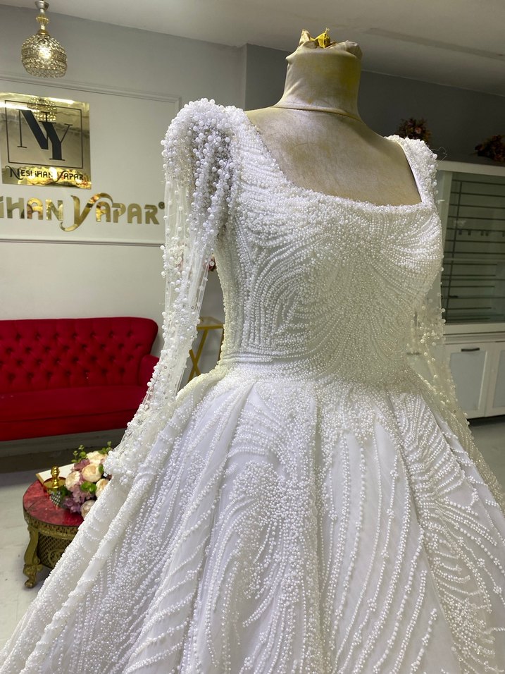 Komple dantel kare yaka gelinlik - Görsel 4