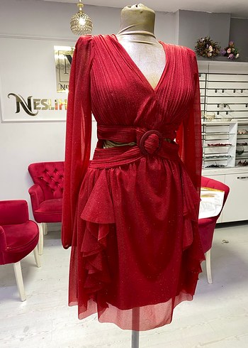 Kırmızı V Yakalı after Mini Elbise - Görsel 3