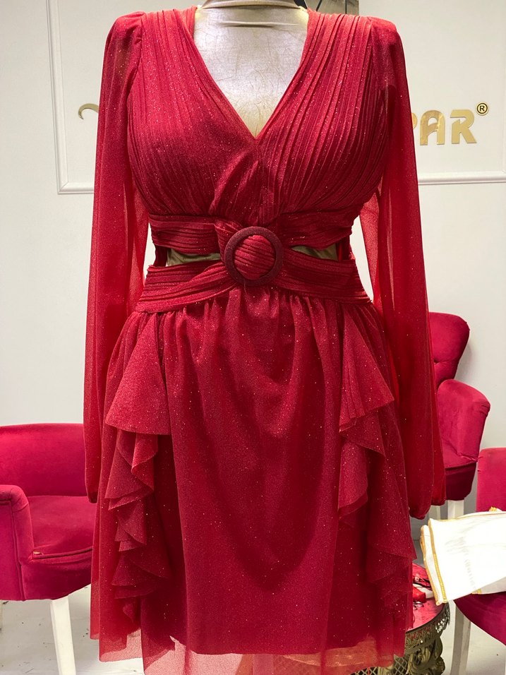 Kırmızı V Yakalı after Mini Elbise - Görsel 2