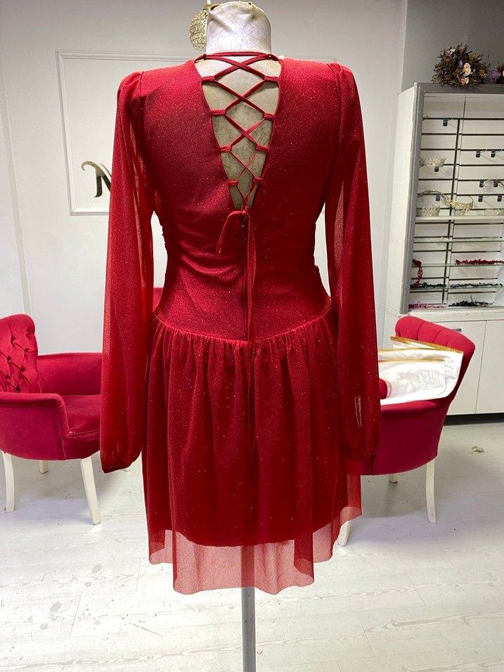Kırmızı V Yakalı after Mini Elbise - Görsel 4