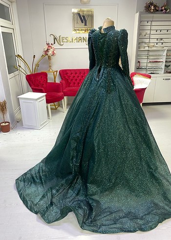 Yeşil simli dantel işlemeli nişanlık - Görsel 5