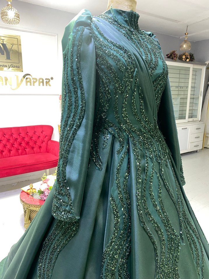 Yeşil saten dantel işlemeli kınalık - Görsel 3